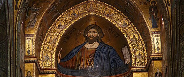 Christ as pantocrator (the ruler of the universe) (c. 1180-1190). With his left hand holding an object such as the book of the gospels, or an orb and his right hand raised in blessing, Christ as pantocrator was a motif in Medieval art.