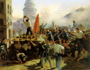 تصور لوحة هوراس فيرنت <i>متاريس في شارع سوفلوت</i> معركة شوارع مهمة وقعت في باريس عام 1848.