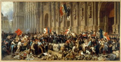 لوحة لامارتين لهنري فيليكس إيمانويل فيليبوتو أمام قاعة مدينة باريس ترفض العلم الأحمر في 25 فبراير 1848</i>، والذي يصور الشاعر الذي ساعد في تأسيس الجمهورية الثانية.
