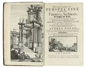 الصفحة الأولى للترجمة الإنجليزية عام 1770 لـ أندريا بوزو <i> Perspectiva Pictorum et Architectorum </i> (<i> قواعد وأمثلة للمنظور المناسب للرسامين والمهندسين المعماريين </ i>) التي نُشرت عام 1693.