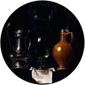 Johannes Torrentius (aka, Johannes van der Beeck), <i>Emblematic still life with flagon, glass, jug and bridle</i>, (1614). Huygens surmised that Torrentius must have used an optical aid to produce his sublime still lifes.