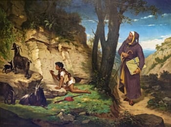 Paul Narcisse Salières ، <i> لقاءات Cimabue Giotto </i> (1876).  تروي اللوحة قصة لورينزو غيبيرتي التي تروي كيف واجه سيمابو جيوتو لأول مرة وهو يرسم خروفًا على لوح من الحجر.