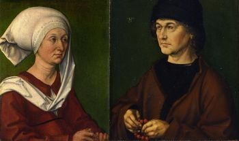 <i>The artist's depictions of his parents: Portrait of Barbara Dürer, née Holper</i>(1490) and <i>Albrecht Dürer the Elderberry with a Rosary</i> (1490)