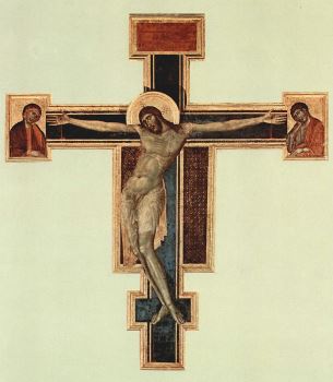 Cimabue's <i>Santa Croce Crucifixion</i> (1287-1288), bringing an element of human suffering and anatomical detail to religious imagery, has influenced later artists like Michelangelo, Velázquez, Caravaggio, and Francis Bacon.