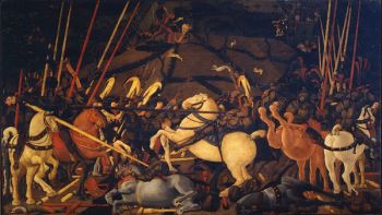Paolo Uccello's <i>Niccolo da Tolentino Unseats Bernardino della Ciarda</i> (c.1435 to 1455) is one of three panels depicting the contemporary battle.