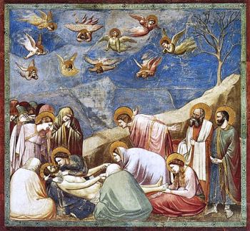 Giotto'southward <i>Lamentation (The Mourning of Christ)</i> (1304-1306) creates sculptural figures, their clothes hanging with form and weight, their expressions depicting individualized emotion, and uses elements of perspective and foreshortening to create a sense of real space.