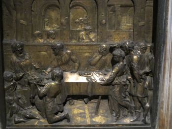 Donatello's <i>Feast of Herod</i> (1423-1427) used linear perspective to a dramatic scene, as Herod and others react with horror as the head of John the Baptist is brought to the table.