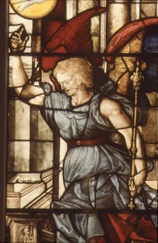 Often, enamel is used on stained glass to add details, as in <i>The Angel Gabriel</i> (1552, unknown artist).