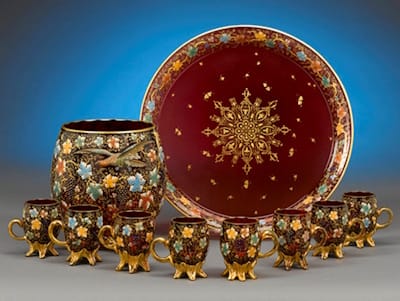 Bohemian glass company Moser Glass became famous for their signature creation, “ruby glass”, as seen in this ruby glass punch bowl set with gilt enamel detailing (c. 1880).
