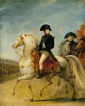<i>General Bonaparte Reviewing Troops</i> (c. 1802). Gros would become a key figure in visualizing the “Napoleonic mythology”.