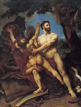 <i>Hercules and Diomedes</i> (1835) depicts the seventh labor of Hercules who is punishing in kind the cruelty of Diomedes, who fed many strangers to his horses.