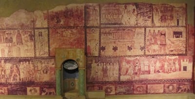 Replica of the interior of an excavated synagogue in Dura-Europos, Syria dating back to c. 245-256 which was filled with wall paintings of Old Testament scenes and narratives.