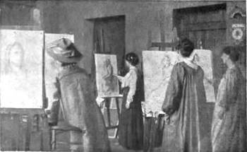 Ladies at work at the Newlyn Art Schoolhouse under the direction of Mrs. Stanhope Forbes (1910) from <i>Every Woman's Encyclopaedia</i>