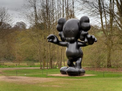 American Neo-Pop artist KAWS has developed characters that draw influence from popular culture figures like Mickey Mouse and the Michelin Man, as seen in works like <i>Final Days</i> (2013).