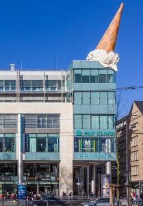 <i>Dropped Cone</i> (2001) sculpture by the Pop Artist Claes Oldenburg on top of the shopping mall in Cologne, Germany.