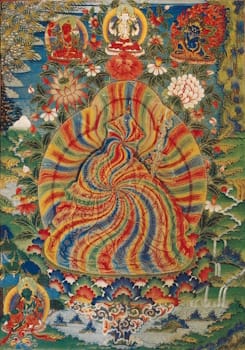 A 19th-century example of a Tibetan Buddhist <i>thangka</i> (painting on cloth scroll). After viewing an exhibition of <i>thangkas</i> in Amsterdam in 1972, Ringgold was inspired to incorporate fabric into her own works.