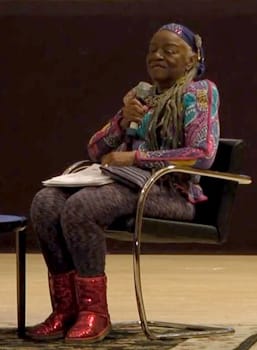 Ringgold pictured in 2017 at the “We Wanted a Revolution” symposium at the Brooklyn Museum.