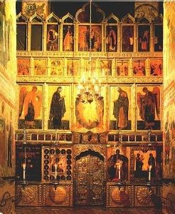 The iconostasis in the Cathedral of the Annunciation in The Kremlin in Moscow containing some of the original icons painted by Theophanes, Prokhar and Rublev.