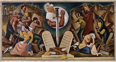 Emil Bisttram, <i>Justice Tempered with Mercy</i>, c.1936. Mural study for the Roswell, New Mexico Courthouse, created during the Great Depression, reflecting New Deal themes of social justice and public welfare.