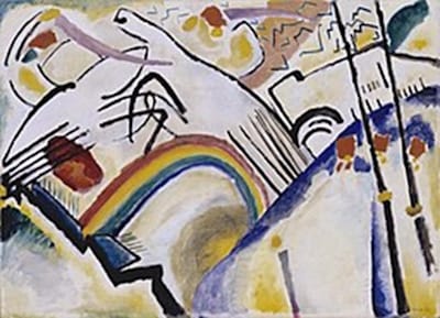 Wassily Kandinsky, <i>Cossacks</i>, 1910-11. This painting, created during Kandinsky's time in Germany as he shifted from Expressionism to Abstraction, reflects the emerging concept of “non-objective” art.