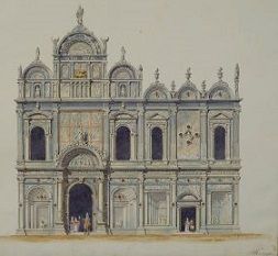 يصور نيكولاس بينوا <i> Scuola di San Marco </i> (1841) النقوش المنحوتة للأخوين لومباردو للواجهة التي تخلق وهم العمق.