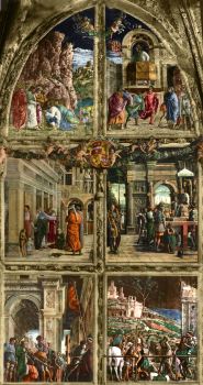 هذه الصورة إعادة بناء فوتوغرافية تصور <i> قصص القديس جيمس </ i> (1448-1457) لأندريا مانتيجنا ، وهي لوحة جدارية مبتكرة في بادوفا.  تم تدمير معظم اللوحات الجدارية في الحرب العالمية الثانية.