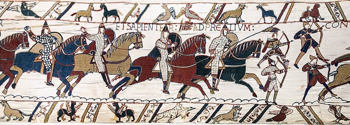 Detail of Bayeux Tapestry (featuring the "Battle of Hastings Norman Knights and Archers) (1070-1080)